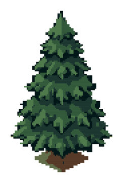 Pixel art vector illustration of a green pine tree with detailed branc