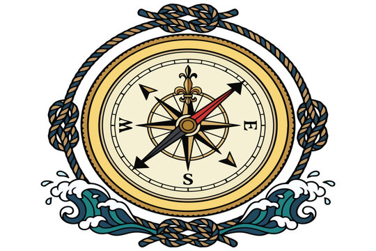 Colorful compass with rope and waves, nautical navigation tool