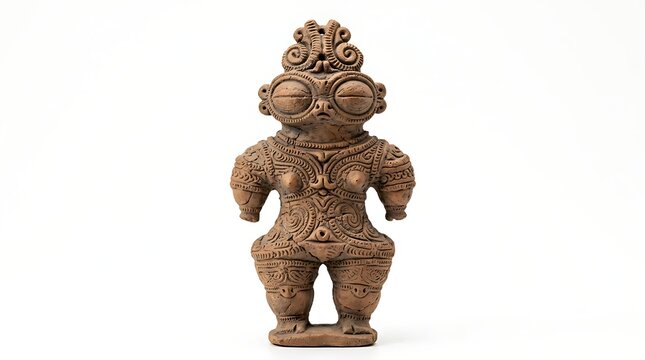 Ancient Japanese Jomon Period Dogu Clay Figurine Isolated on a Plain White Background