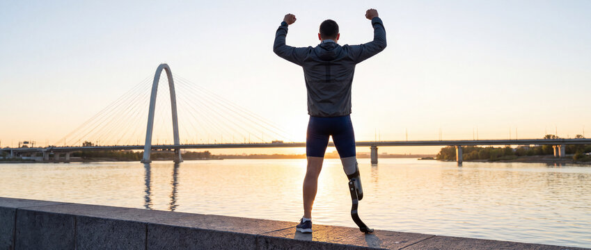 Amputee athlete celebrating victory at sunrise, standing on an urban river embankment with a carbon blade prosthesis overlooking a cable-stayed bridge during an outdoor morning training