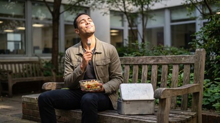 Fototapeta premium A young man sits on a wooden bench in a courtyard, enjoying a healthy pasta salad from a glass container during a peaceful lunch break.
