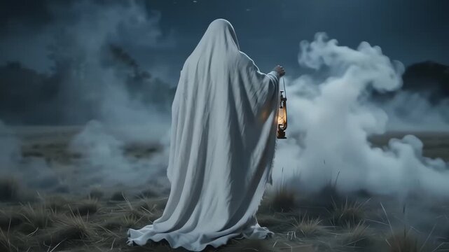 Ghostly figure wandering through thick night mist with oil lantern