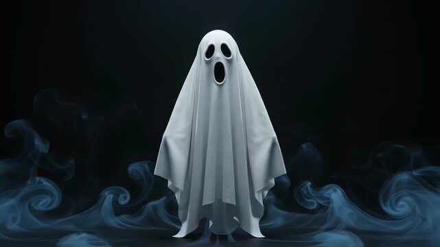 Animated white sheet ghost hovering gracefully over blue mist layers