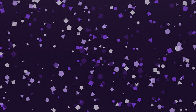 Scattered purple geometric shapes on dark background for abstract celebration design.