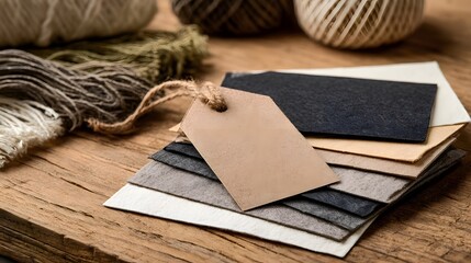 Fototapeta premium A stack of textured fabric swatches with a blank paper tag surrounded by yarn skeins on a rustic wooden surface