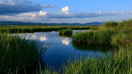 Naklejka premium A serene marsh landscape with tall green reeds calm water reflecting clouds and distant rolling hills under a partly cloudy sky