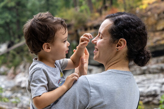 Mother and Son Sharing a Tender Moment at Othello Tunnels in Hope, BC Canada Outdoors