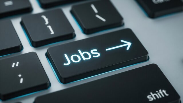 A glowing Jobs button on a computer keyboard representing digital career opportunities. Ideal for online recruitment, job searching, and professional employment platforms.
