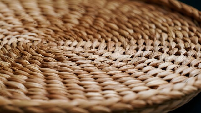 Close up of a circular woven basket surface with natural light highlighting the textured pattern and organic material