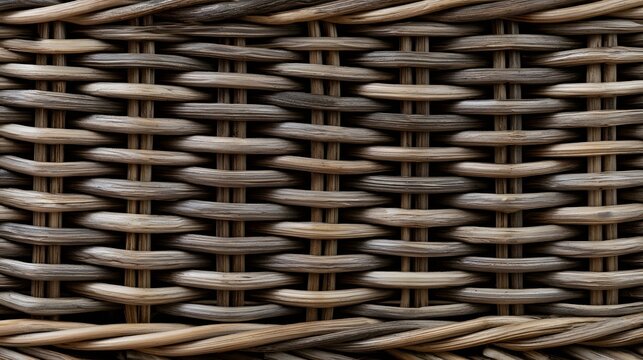 Close up of woven wicker basket texture showing natural fibers and tight interlaced pattern in earthy tones