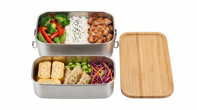 Two stainless steel lunch boxes filled with rice, chicken, vegetables, and dumplings. A mindful approach to meal prep focuses on variety and nutrition. Perfect for healthy lifestyle content.