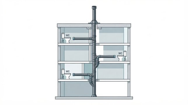 A septic tank building with drainage pipes and a stack vent pipe. It illustrates a residential wastewater plumbing setup.