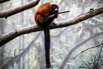 Fototapeta premium A Red Ruffed Lemur (Varecia rubra) resting in a tree.