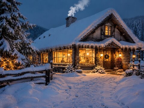 Verschneites Landhaus in der blauen Abendstunde mit warm beleuchteten Fenstern, Weihnachtskranz und tiefem Schnee. Romantische Winteridylle voller Geborgenheit und Festtagszauber.