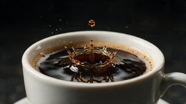 Close-up of a coffee droplet splashing into a white cup filled with dark black espresso