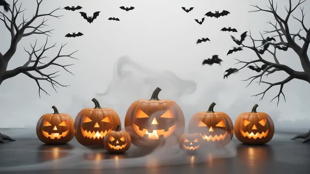 Drifting fog moves across glowing halloween pumpkins and flying bats