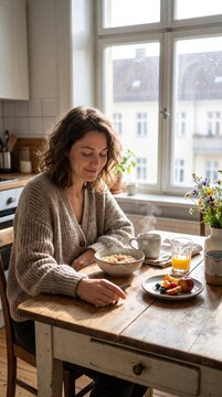 A woman sits at a wooden table with oatmeal, fruit, and steaming tea. The scene conveys mindfulness, calm, and slow living during a sunny morning. Perfect for wellness and lifestyle content.