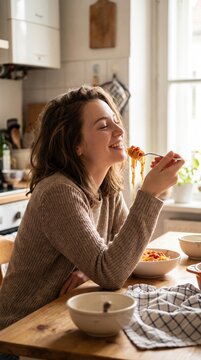 Young woman eating spaghetti with tomato sauce in cozy kitchen. Mindful eating and pure pleasure of home cooking. Perfect for wellness, lifestyle, and food blogs.