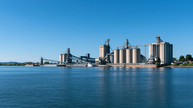 Grain Elevator Terminal and Silos on River Waterfront
