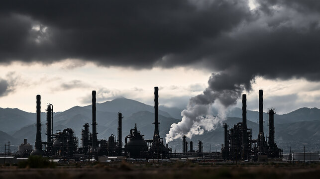 Oil Refinery Emitting Smoke Against Dark Stormy Sky