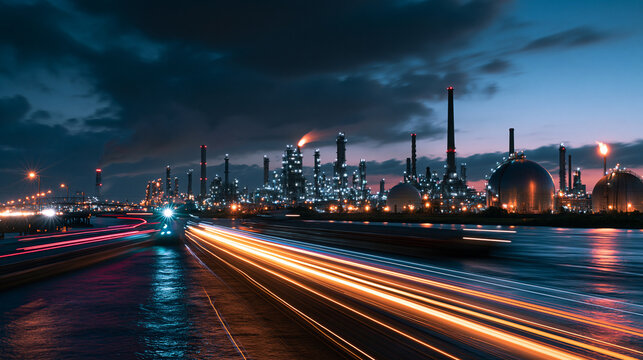 Oil Refinery Plant at Night with Traffic Light Trails