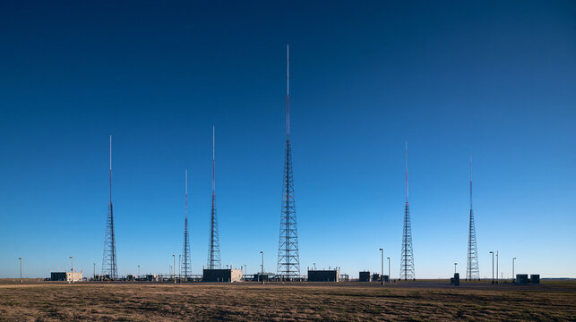 Telecommunication Towers and Radio Antennas in Open Field