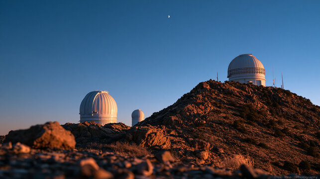 Astronomical Observatory Domes on Mountain Peak at Sunset