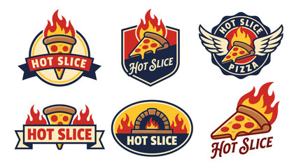 Naklejka premium This visually enticing collection of pizza logos features vibrant graphics around the concept of 'Hot Slice,' perfect for food-related branding and promotion.