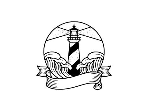 Maritime lighthouse illustration with crashing ocean waves and a blank ribbon banner in a circular frame