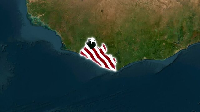 Liberia country map shape overlaying a satellite terrain view featuring smooth animation style borders for an educational motion video clip
