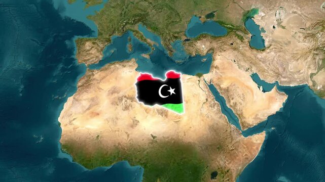 Libya country shape overlaying satellite map animation footage showing national flag colors and glowing borders in a motion video clip