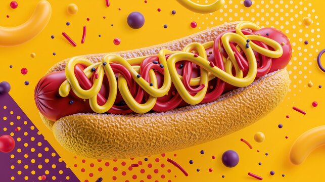Gourmet hot dog with mustard drizzle and sprinkles on vibrant yellow background, playful food composition for menu design and advertising.

