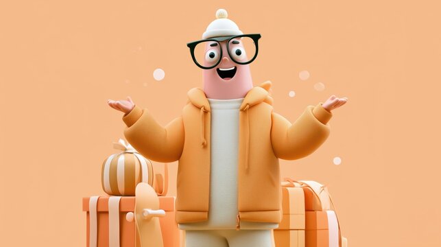 Cheerful 3D traveler in orange jacket and hat with glasses welcoming beside luggage on peach background for travel branding and advertising.

