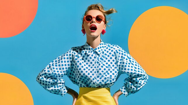 Stylish woman in polka dot blouse and sunglasses posing against a colorful geometric blue and yellow background for fashion advertising and branding.

