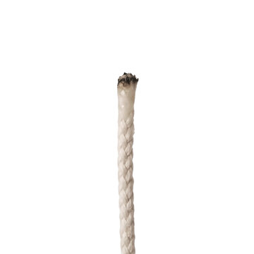 Burnt white synthetic rope tip showing scorched frayed nylon fibers with detailed braided texture against a clean isolated white background