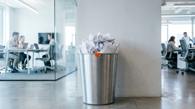 Overflowing office trash bin with crumpled reports in a modern glass-walled corporate environment, copy space