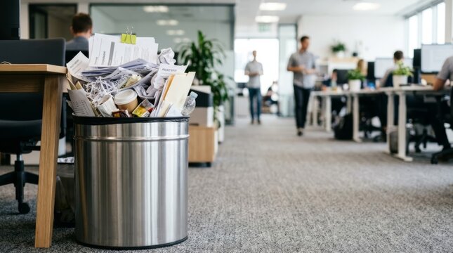 Overflowing office trash bin with crumpled reports in a bright modern corporate workspace, blurred background activity