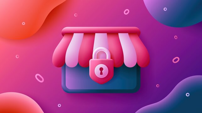 Secure online store icon with padlock and striped awning on a vibrant abstract pink and purple background for ecommerce security and digital payments.

