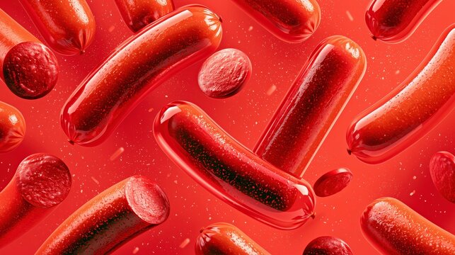 Floating red sausages and meat pieces arranged on a vibrant abstract background for food packaging, advertising and modern culinary branding.


