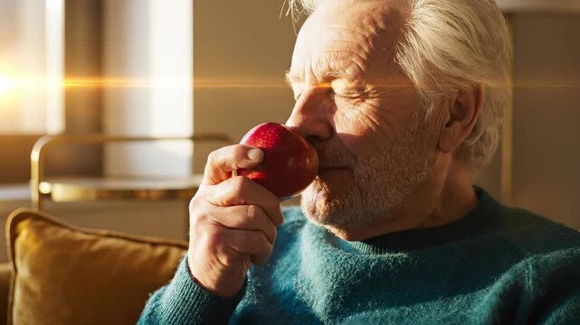 Happy senior man holds fresh red apple indoors. Elderly man smells healthy fruit with smile. Senior man enjoys aroma of red apple. Grandfather loves eating tasty healthy snack in retirement.