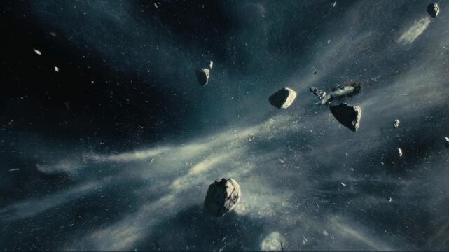 Asteroid field with drifting rocks in a cinematic style on a dark starry background, evoking the concept of cosmic exploration
