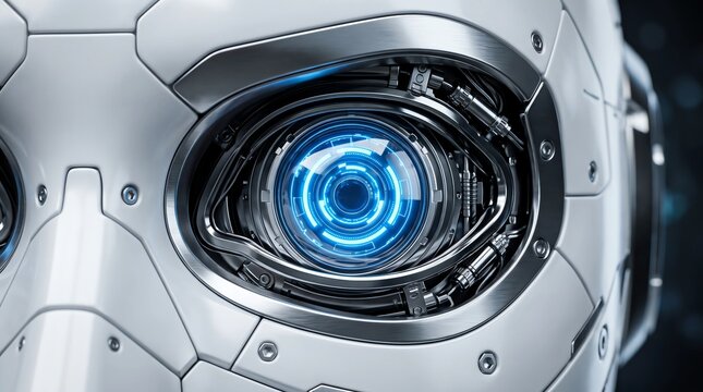 A close-up view of a futuristic robot eye with a glowing blue iris and metallic segmented plating