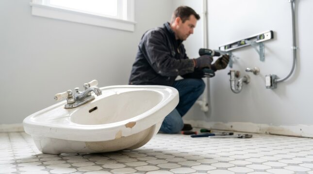 Plumber installs sink bracket during bathroom renovation, sink detached on tiled floor