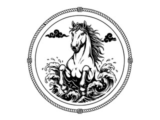 Fototapeta premium Circular rope frame emblem featuring a horse head and chest emerging from stylized ocean waves and clouds
