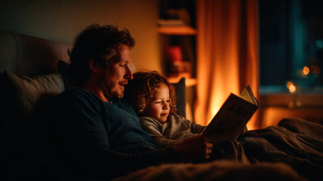 Father reading bedtime story with daughter