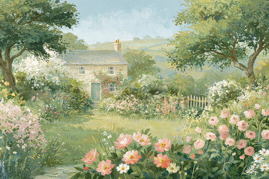 Idyllic cottage garden landscape with a charming stone house, vibrant pink and white flowers, lush green trees, and gentle hills
