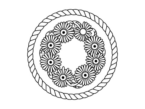 Floral Daisy Wreath with Rope Border, Circular Black and White Vector Design