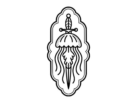 Symmetrical jellyfish and dagger composition in ornate decorative frame