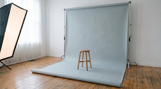 Empty home photo studio corner with grey seamless backdrop paper a stool and a softbox light
