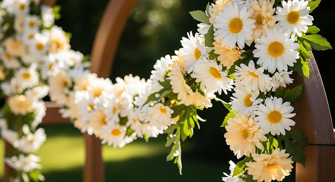White and yellow daisy flowers on wooden arch
